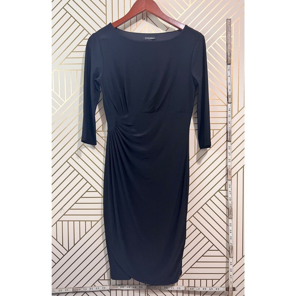 Roz & Ali Women's Asymmetrical Pleated 3/4 Sleeve Midi Dress Black Size Small